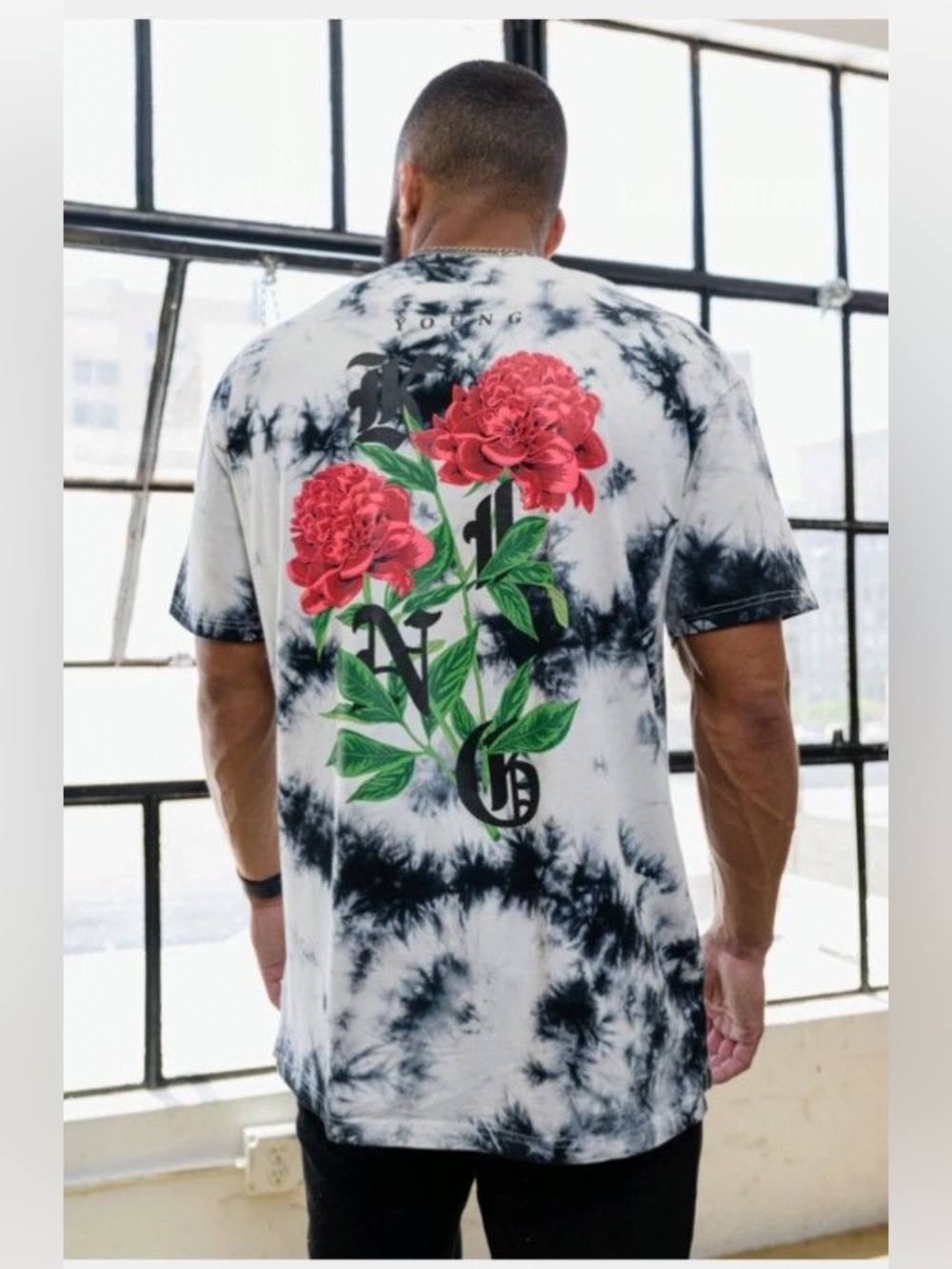 YoungLA Black & White Tie-Dye Tee with Red Floral Back Graphic